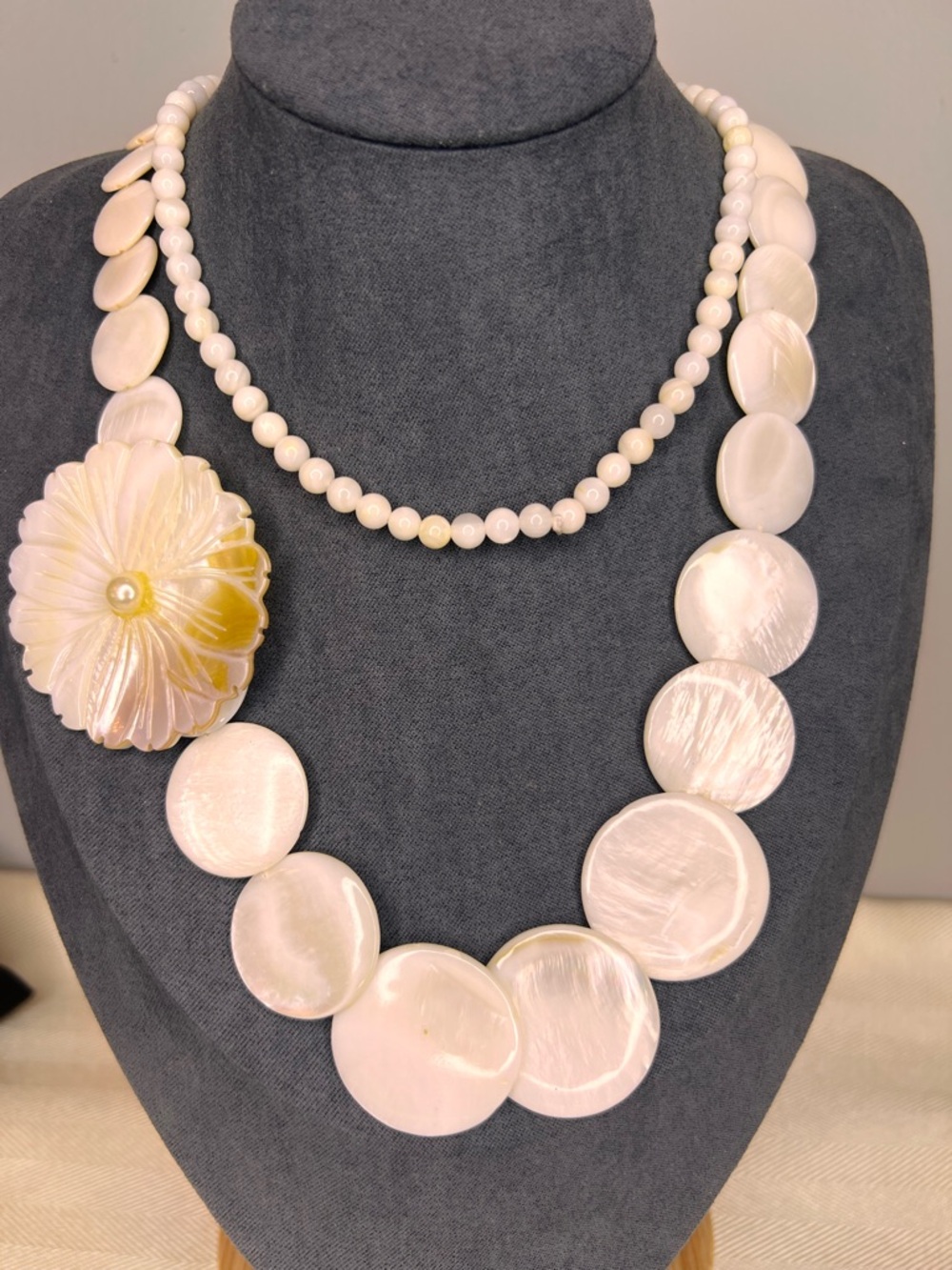 Mother-of-Pearl Disc and Round Beads Long Necklace with Floral Accent